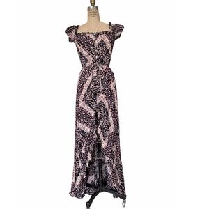 Olivaceous Bohemian Festival Girl Feminine Block Print Ruffle Hi-low hem Maxi